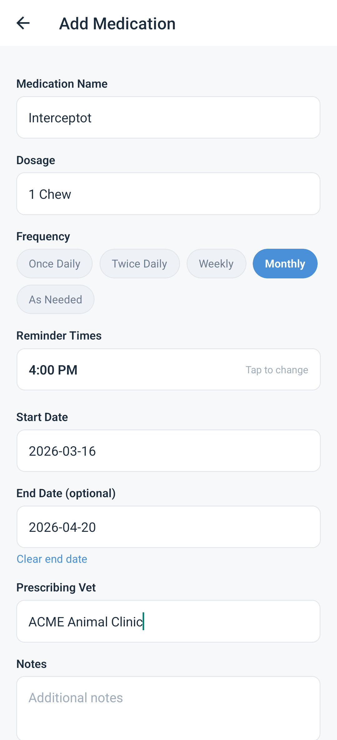VetMed Tracker - Pet Detail screen